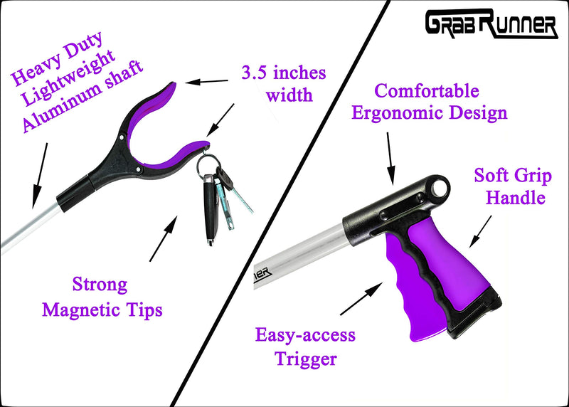 GrabRunner Reacher Grabber 32" Foldable Pickup Tool, Lightweight Aluminum Reaching Aid with Rotating Rubber Gripper, Long Arm Extender for Elderly, Litter Trash Picker, Garden Nabber （Purple）