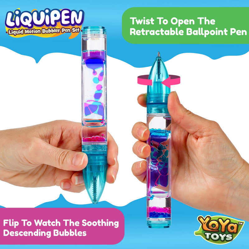YoYa Toys Liquipen - Liquid Motion Bubbler Pens Sensory Toy (3 Pack) - Writes Like a Regular Pen - Colorful Liquid Timer Pens Great for Stress and Anxiety Relief - Cool Fidget Toys for Kids and Adults