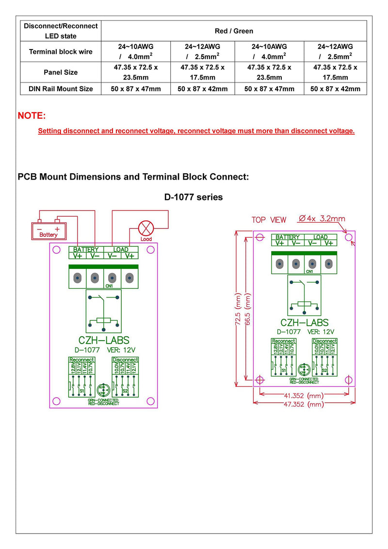 CZH-LABS Electronics-Salon Low Voltage Disconnect Module LVD, 12V 10A, Protect/Prolong Battery Life.