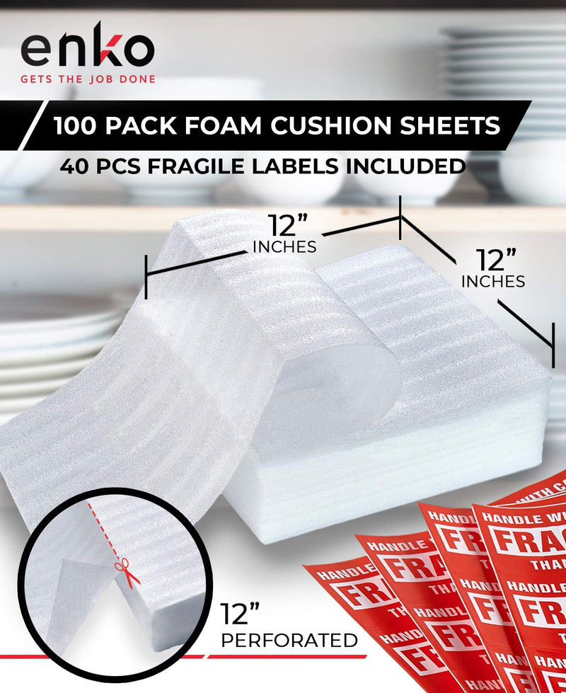 enKo 12 x 12 Inch (100-Pack) Foam Wrap Sheets for Moving Shipping Packing Supplies - 40 Fragile Stickers Labels 1-Pack 100 Sheets