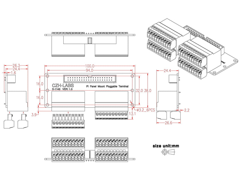 Electronics-Salon Pi Panel Mount Pluggable Terminal Block Breakout Module, for Raspberry Pi.