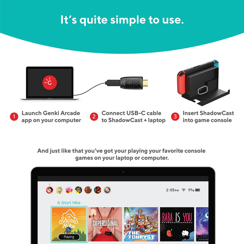 GENKI ShadowCast - Easily Connect and Play Game Consoles on the Laptop, Smallest Capture Card with Great Performance