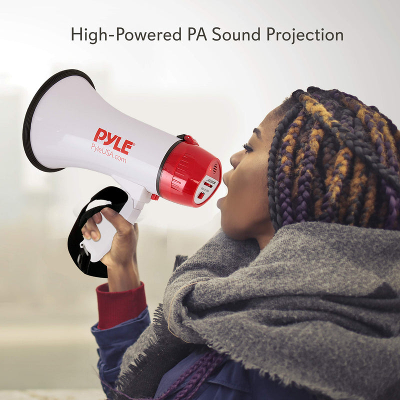 Pyle Megaphone Speaker PA Bullhorn - 20 Watts & Adjustable Vol Control w/ Built-in Siren & 800 Yard Range for Football, Baseball, Hockey, Cheerleading Fans & Coaches or for Safety Drills - PMP20 White