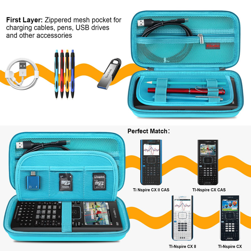 Elonbo Hard Travel Case for Texas Instruments TI-Nspire CX II CAS/CX II/CX CAS Color Graphing Calculator, Extra Zipped Pocket Fits Charging Cable, Charger, Manual, Green
