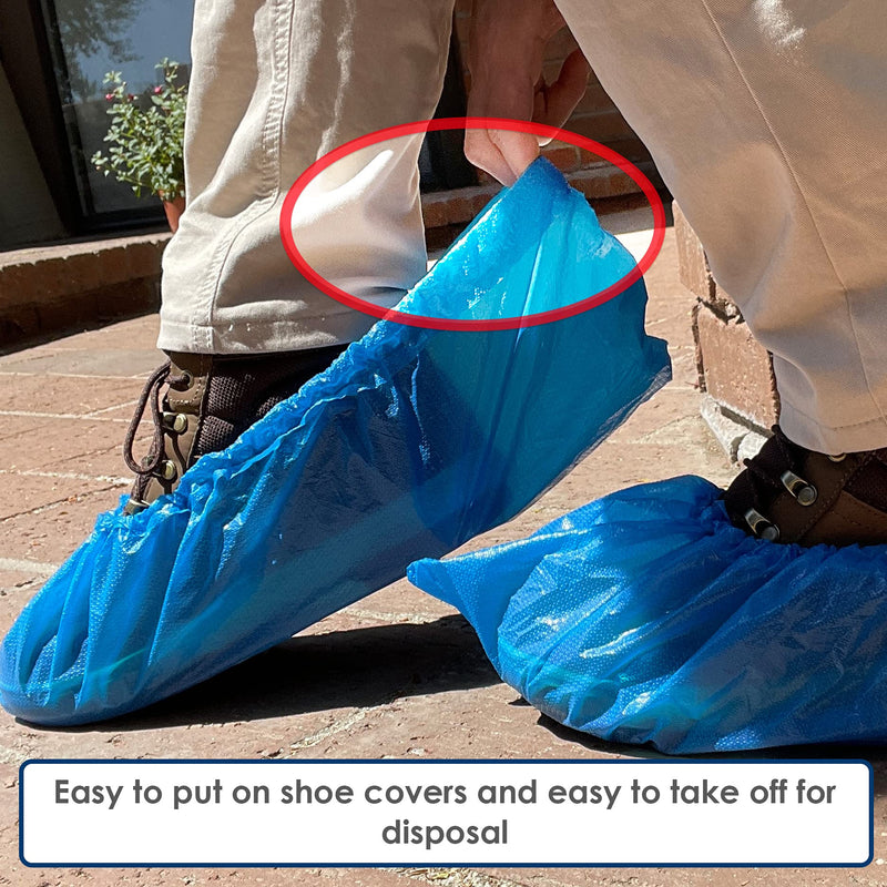 Buena Goods 100 Pack Extra Large Disposable Blue Boot & Shoe Covers. Reusable Premium CPE Waterproof Durable Booties with Non Slip Treads for Indoor Use. Fits US Men's Size 14 & Women's 16 Shoe Size