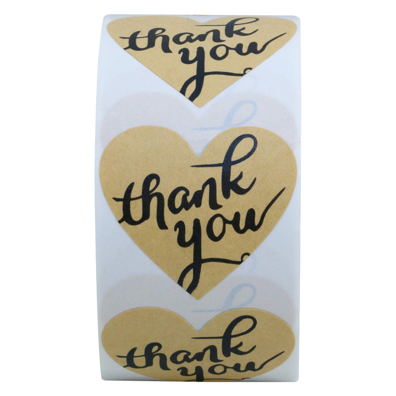 Hybsk Love Heart Kraft Paper Thank You Stickers with Heart 1.5 Inch Adhesive Labels 500 Per Roll (Kraft)