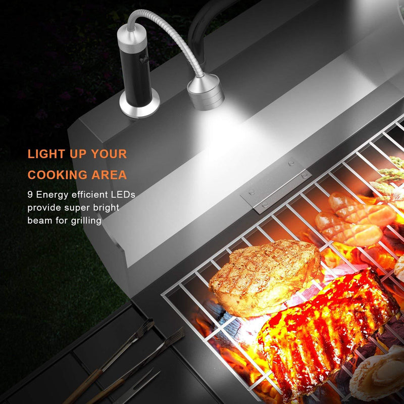 FIREOR Barbecue Grill Light Magnetic Base Super-Bright LED BBQ Lights - 360 Degree Flexible Gooseneck, Weather Resistant, Batteries Included - Pack of 2 Black
