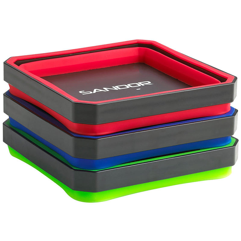 Collapsible Magnetic Parts Tray Set - (Pack of 3) Tool Trays for Screw, Bolts, Nuts, Washers, Pins and Other Small Metal Parts - 4.25 Inch Square - Red, Blue, and Green