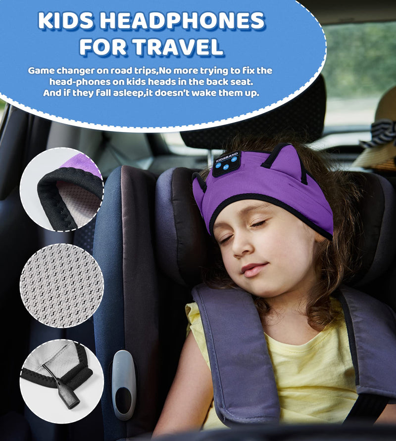 Kids Bluetooth Headphones, KIDSBAND Sleep Headband [Wireless & Wired Palyback 2in1] Wired with Microphone Headphones for Kids with Stereo Sound,Foldable Kids Headphones for School/Travel/Tablet/Sleep Purple