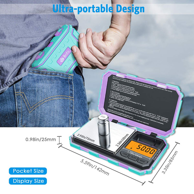 Brifit fine scales 0.01 g, pocket scales 200g/0.01 g, digital pocket scales, gold scales, coin scales, with a 50g stainless steel calibration weight, high-contrast LCD, tare function, auto off function, mint green mint green