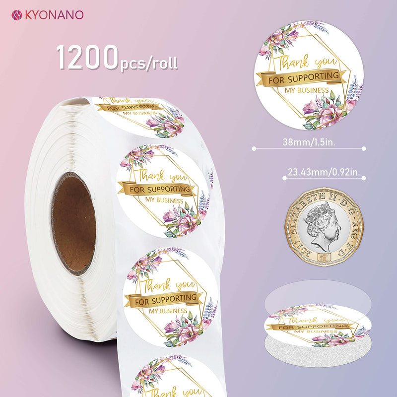 KYONANO Thank You Stickers Small Business 1200pcs, Pink Flower Gold Font Design Thank You Stickers Roll 1.5" for Small Business Gift Packaging Wedding Envelope Seals Thanksgiving Self-Adhesive Labels