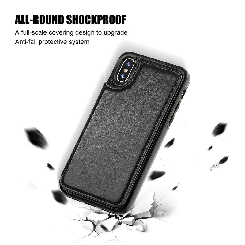 iPhone Xs iPhone X Wallet Case with Card Holder,OT ONETOP Premium PU Leather Kickstand Card Slots Case,Double Magnetic Clasp and Durable Shockproof Cover(Black) iPhone Xs/X 5.8" Black