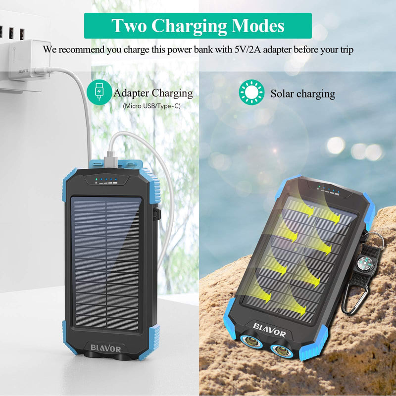 Solar Charger Power Bank, Qi Wireless Charger 10,000mAh External Battery Pack Type C Input Port Dual Flashlight, Compass, Solar Panel Charging (Light Blue) Light Blue
