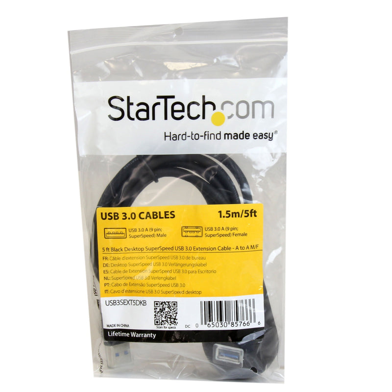 StarTech.com 5ft SuperSpeed USB 3.0 Extension Cable for Desktop - STP - USB-A Male to USB-A Female Cable for Computer - Black (USB3SEXT5DKB)