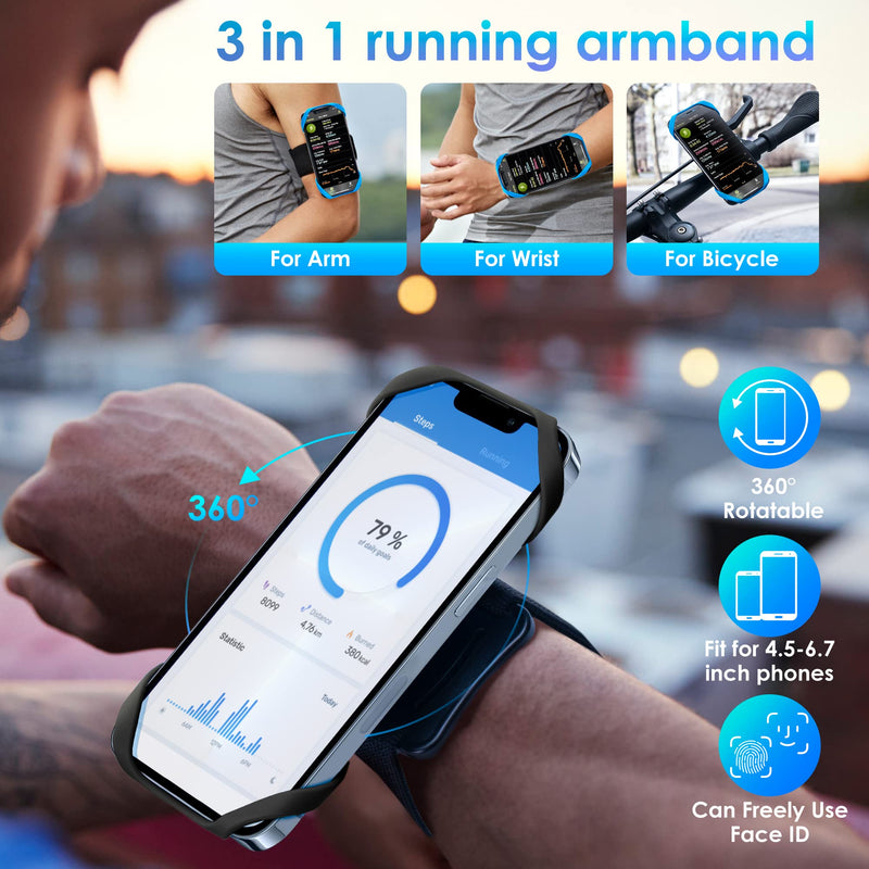 Cikyner Running Armband, 3 in 1 Running Phone Holder Sports Armband Bicycle Phone Holder 360° Rotatable & Detachable Running Phone Armband for 4.5- 10'' iPhone Samsung Huawei for Gym Running Hiking Black