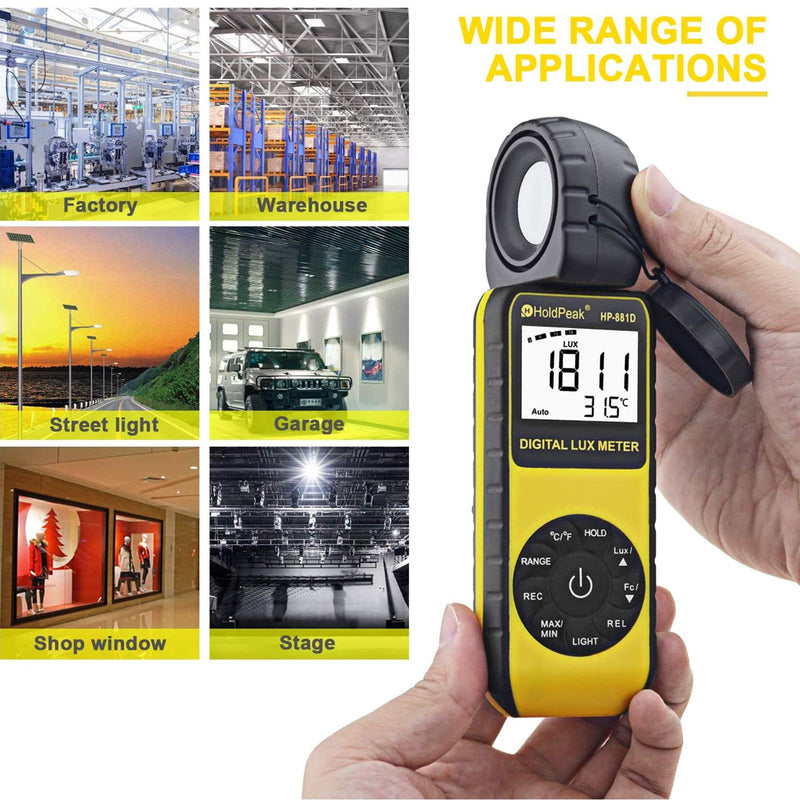 Light Meter HOLDPEAK HP-881D Digital Lux Meter 0.01-400,000 Lux /1-40,000 FC Measuring Ranges and 270° Rotatable Detector for LED Lights and Plants Lumen Meter Y-HP-881D(0.01-400,000 Lux /1-40,000 FC)