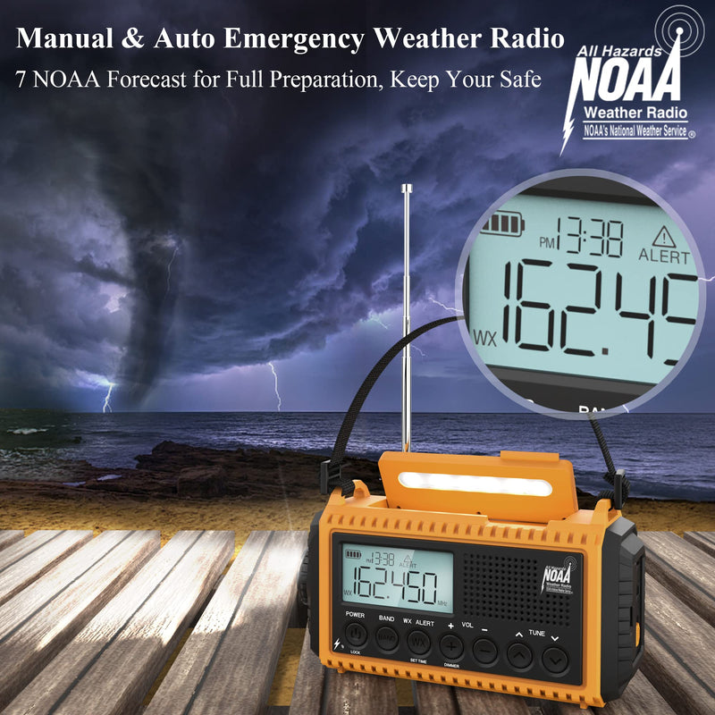 Emergency Radio,5000 Digital Weather Radio with AM/FM/NOAA/SW,SOS Survival Portable Radio,5 Way Powered Solar Hand Crank Radio with USB Charger, Flashlight, Reading Lamp, Headphone Jack for Outdoor Yellow