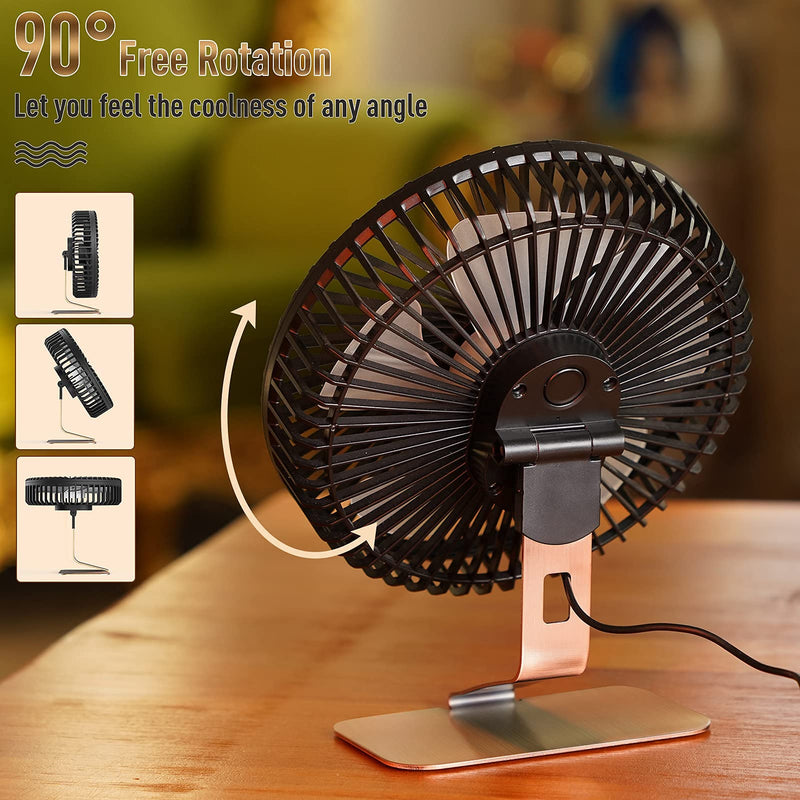SLENPET 6 inch USB Desk Fan, 4 Speeds, Ultra-quiet, 90Â° Adjustment for Better Cooling, Portable Mini Powerful Desktop Table Fan, Small Personal Cooling Fan for Home Office Outdoor, Bronze