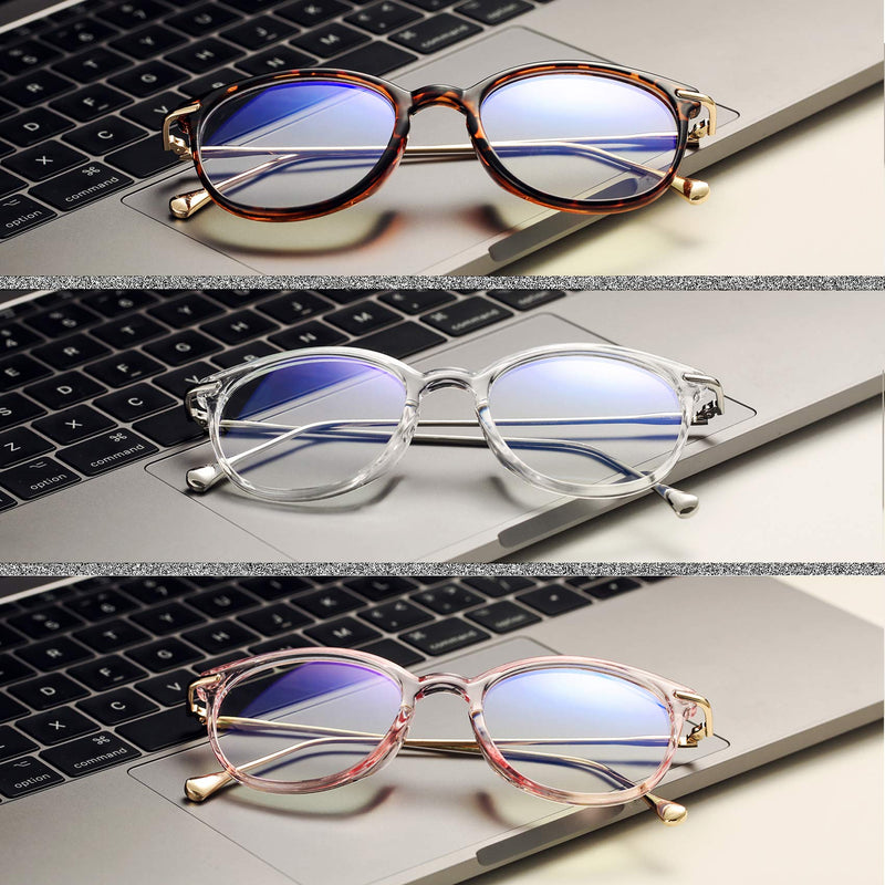 COASION Blue Light Blocking Glasses for Women Vintage Round Anti Blue Ray Computer Game Eyeglasses Small Face B1* (Tortoise/Gold + Transparent/Silver + Clear Pink/Gold) - 3 Pack 48 Millimeters