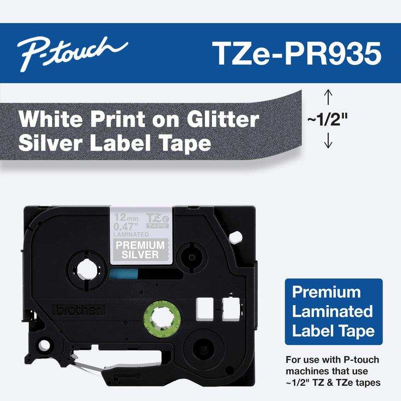 Brother Genuine P-touch TZe-PR935 White Print on Premium Glitter Silver Laminated Tape 12mm (0.47”) wide x 8m (26.2’) long, TZEPR935 White on Glitter Silver TZe Tape