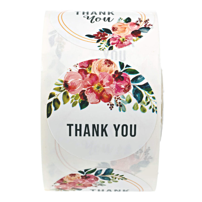 1.5" Bright Summer Floral Thank You Stickers / 6 Different Thank You Designs / 500 Thank You Stickers Per Roll