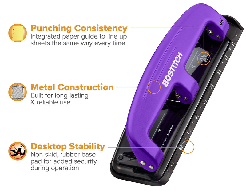 Bostitch Office EZ Squeeze Reduced Effort 3-Hole Punch, 12 Sheets, Purple,black , 1.6" x 3" x 11"