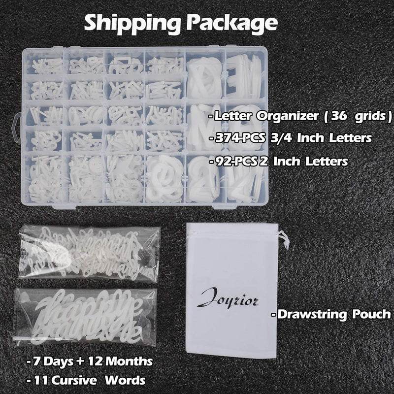 466 Extra White Letters with Organizer for Changeable Felt Letter Board Letters White (3/4 inch and 2 inch) + 11 Cursive Words + 12 Months + 7 Days + 1 Organizer Pre-Cut Plastic White Letters White Letters With Organizer, Sorted
