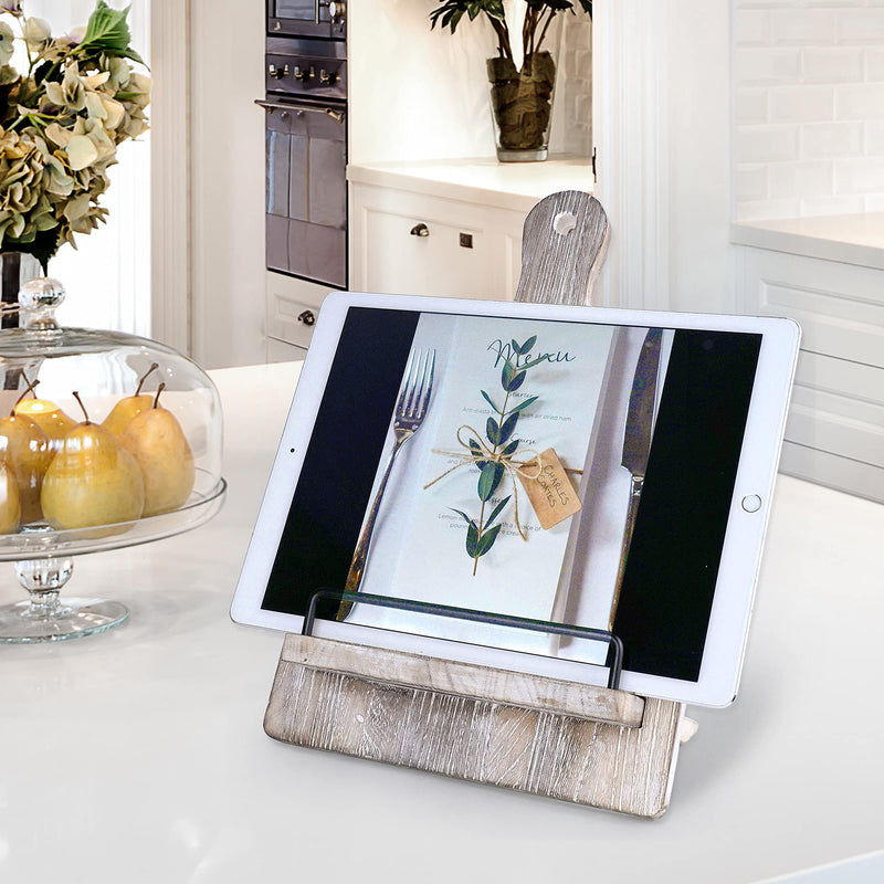 Cookbook Stand, Cutting Board Style Wood Recipe Holder Recipe Book Stand with Adjustable Pull-Out Stand, Rustic Cookbook Holder (Distressed Grey) Distressed Grey