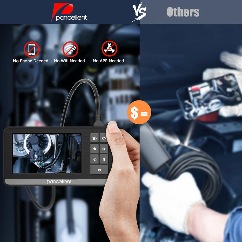 Industrial HD digital endoscope, Pancellent 4.3 inch IPS endoscope inspection camera with hand-held, waterproof IP67 snake channel with 8 LED lights, 5M semi-rigid cable