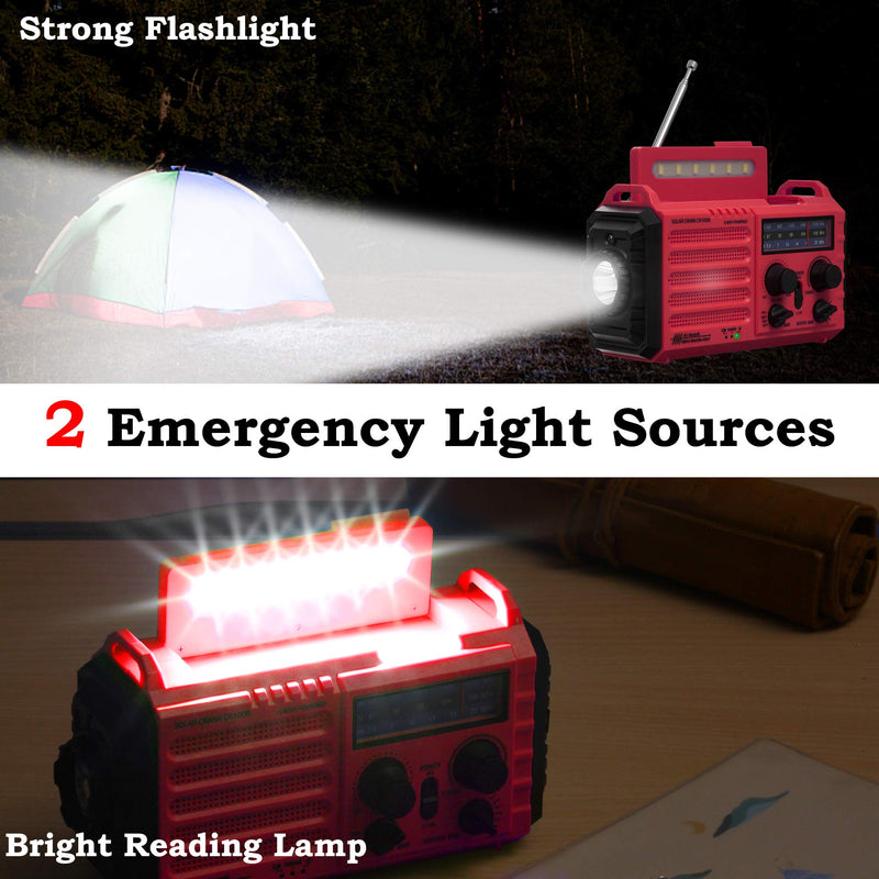 Portable Emergency Radio Hand Crank Solar AM/FM/SW/NOAA Weather Alert Radio 5000 Rechargeable with USB Charger, Flashlight, Reading Lamp, SOS Alarm, Headphone Jack, Survival Camping Gear Red