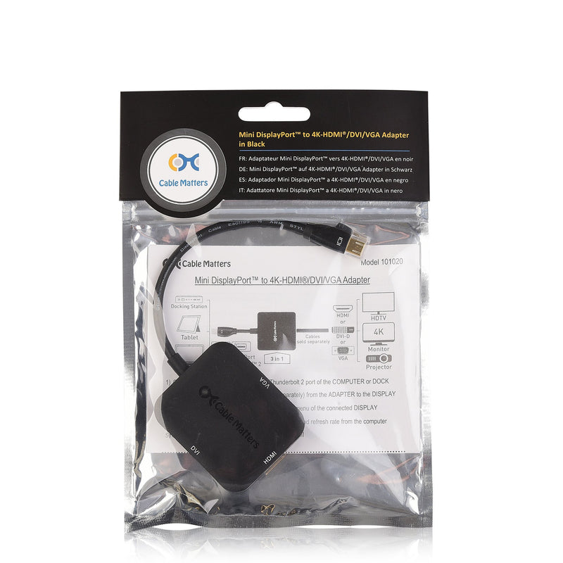 Cable Matters Mini DisplayPort to HDMI Adapter with VGA and DVI 3-in-1 Adapter in Black - Thunderbolt and Thunderbolt 2 Port Compatible - Supporting 4K Resolution via HDMI