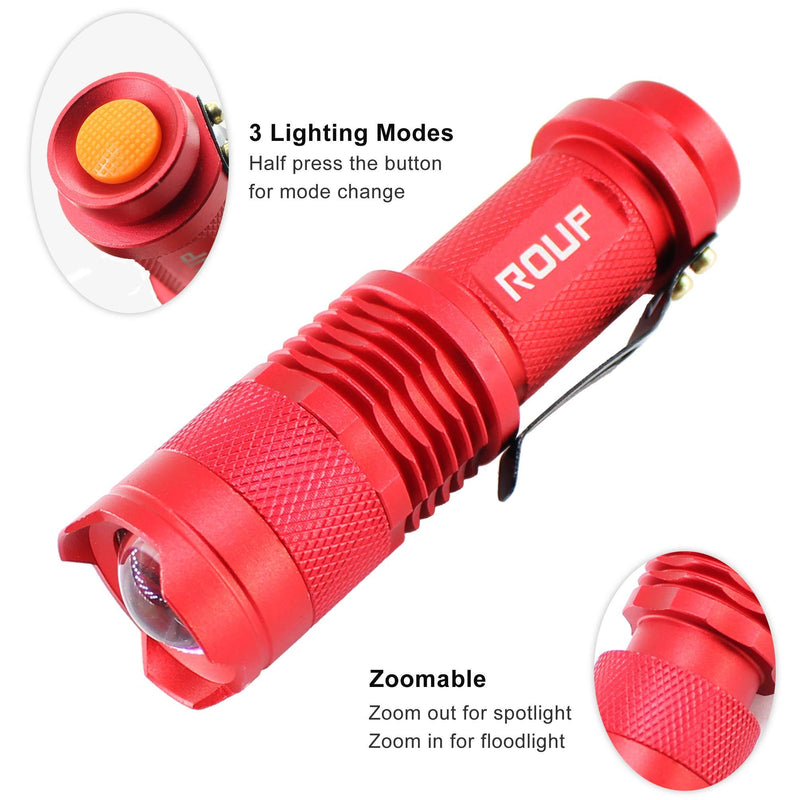 ROUP 2 Pack YP-100 Red Light LED Flashlight, Zoomable, Water Resistant, 3 Light Modes, Adjustable Focus Light for Camping, Hiking, Hunting, Night Vision, Astronomy and Emergency (Red Shell)