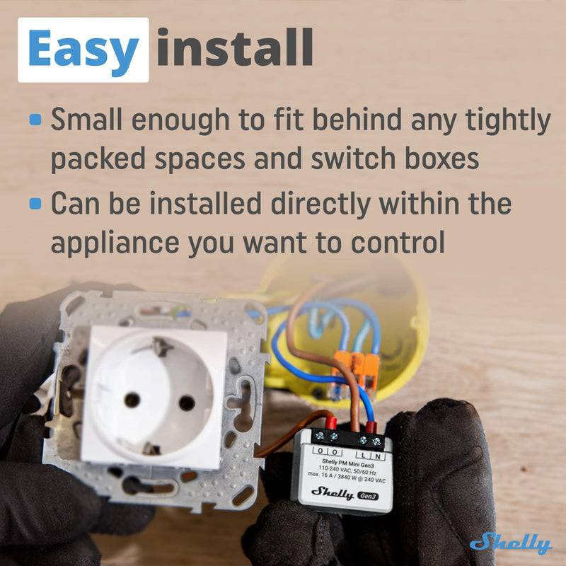 Shelly PM Mini Gen 3 | Smart Wi-Fi and Bluetooth power meter 1 channel 16 A | Home automation | Compatible with Alexa and Google Home | iOS Android app | No hub required. Single pack