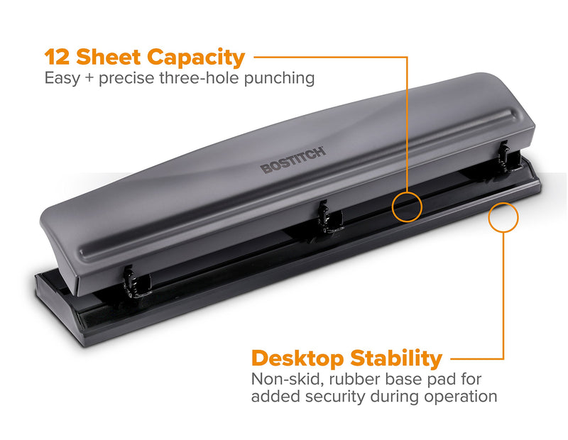 Bostitch 3 Hole Punch, 12 Sheets, Gray (KT-HP12-GRAY)