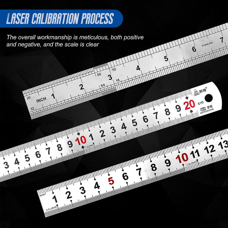 TONAUP Pack of 3 stainless steel rulers, steel ruler, double side scale, edge measuring tool, including 15 cm / 20 cm / 30 cm for engineering, teaching, office silver