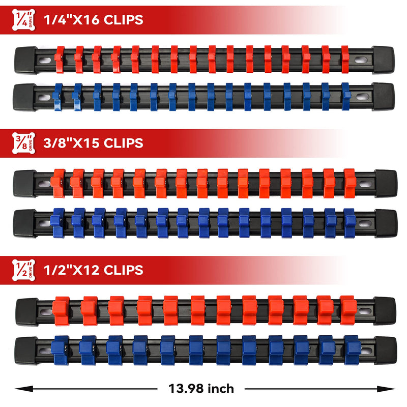 ALOANES 6PC ABS Socket Organizer,1/2 inch, 3/8 inch, and 1/4 inch Drive Socket Rail Holders, Heavy Duty Socket Racks, Black Rails with Red and Blue Clips 6 Pcs Blue and Red