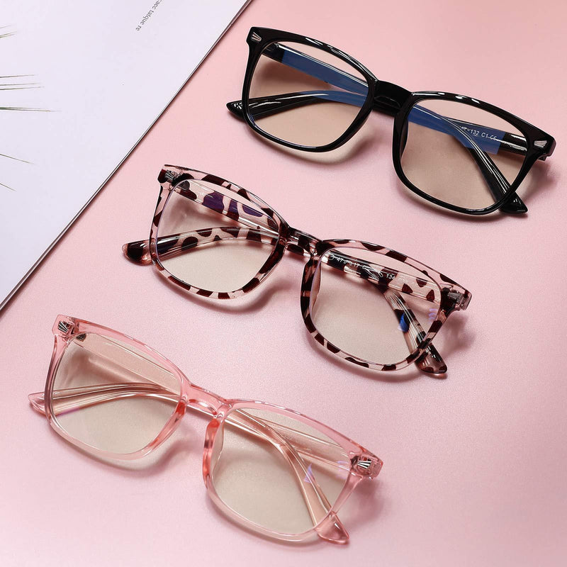 Blue Screen Glasses for Kids, COASION 3 Pack Blue Light Blocking Glasses for Girls Boys, Computer Gaming Fake Eyeglasses Anti Eyestrain (Leopard + Clear Pink + Black)