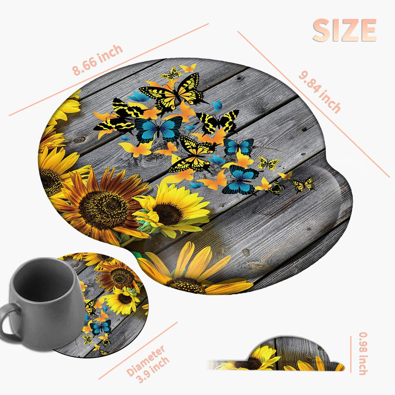 Ergonomic Mouse Pad with Wrist Support Gel Mouse Pad with Wrist Rest, Cute Gaming Mousepad Butterfly Sunflower Design Smooth Surface Non Slip Rubber Base for Computer Home Office with a Coasters