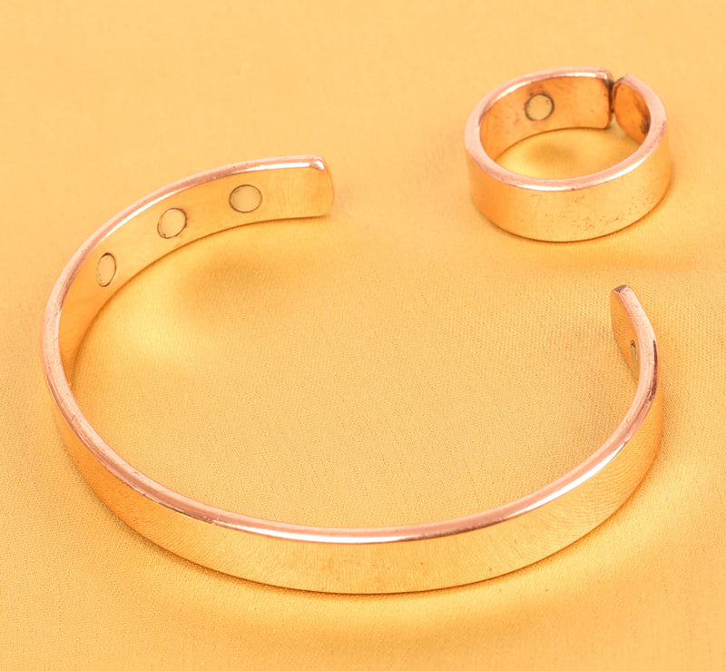 Touchstone Indian Hand Crafted Magnet Healing Copper Bracelet and Identical Finger Ring Chakra Jewelry Cuff Gift for Women and Men. Copper Plain