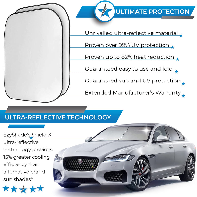 EzyShade Windshield Sun Shade with Shield-X Reflective Technology. See Size-Chart with Your Vehicle. Foldable 2-Piece Car Sunshades Reflect UV Sun and Heat and Protect Your Car. Standard (Medium) Size Standard (Medium)