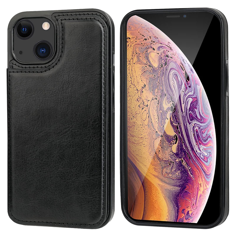 ONETOP Compatible with iPhone 13 Wallet Case with Card Holder, PU Leather Kickstand Card Slots Case, Double Magnetic Clasp Durable Shockproof Cover 6.1 Inch(Black) Black