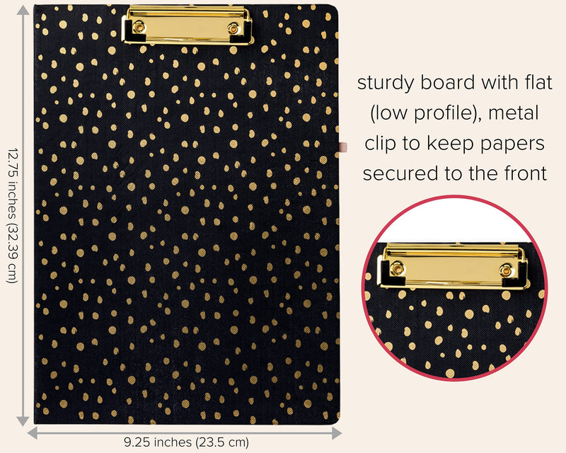 Vera Bradley Black Clipboard Folio with Refillable Lined Notepad, Interior Pocket, and Pen Loop, Midnight Gold Dots