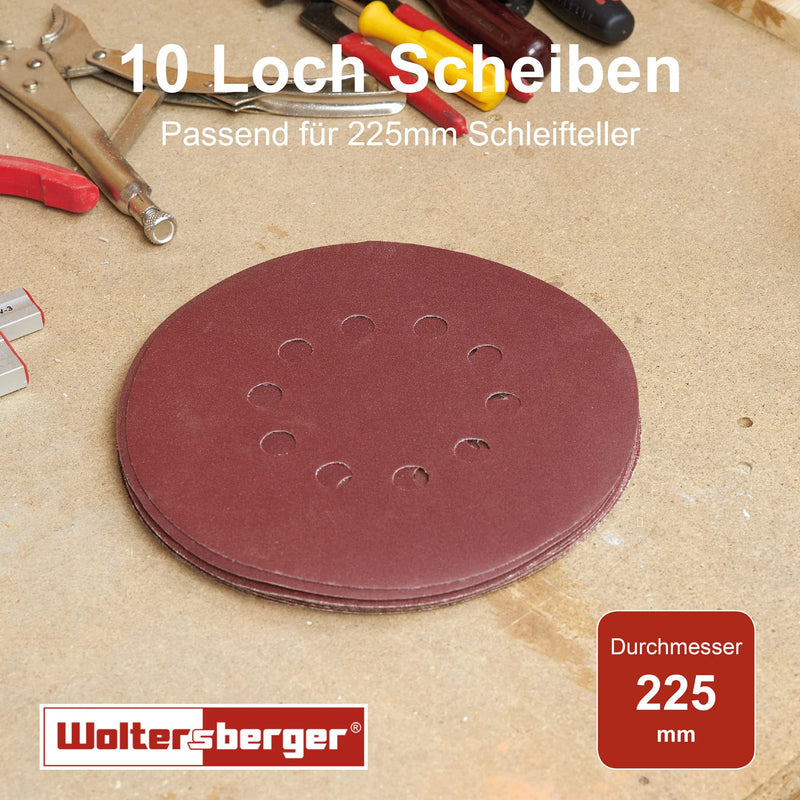 Woltersberger 25 pieces sanding discs Ø 225mm | Grit P120 | 10 holes in red | Sandpaper drywall sander long neck sander sanding giraffe ceiling sander