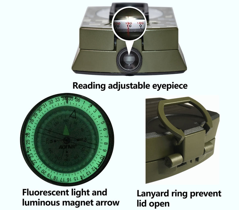 AOFAR Military Compass,AF-4580 Lensatic Sighting, Waterproof and Shakeproof with Map Measurer Distance Calculator, Pouch for Camping, Hiking Camouflage