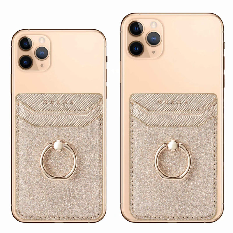 Phone Card Holder RFID Credit Wallet with Kickstand Ring for Women, DMaos 2 Pieces Glitter Sands Wallet Stick-On Back Grip for iPhone Samsung Android and Smartphones - Pink + Gold