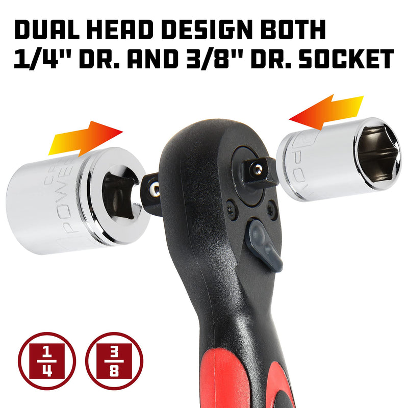 Powerbuilt Stubby Ratchet 3/8 Inch and 1/2 Inch Drive, Reversible Socket Wrench, 72 Tooth, Offset Comfort Handle - 940481