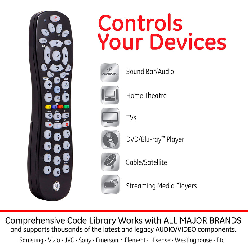 GE Universal Remote Control for Samsung, Vizio, Lg, Sony, Sharp, Roku, Apple TV, TCL, Panasonic, Smart TVs, Streaming Players, Blu-Ray, DVD, 6-Device, Black, 34459