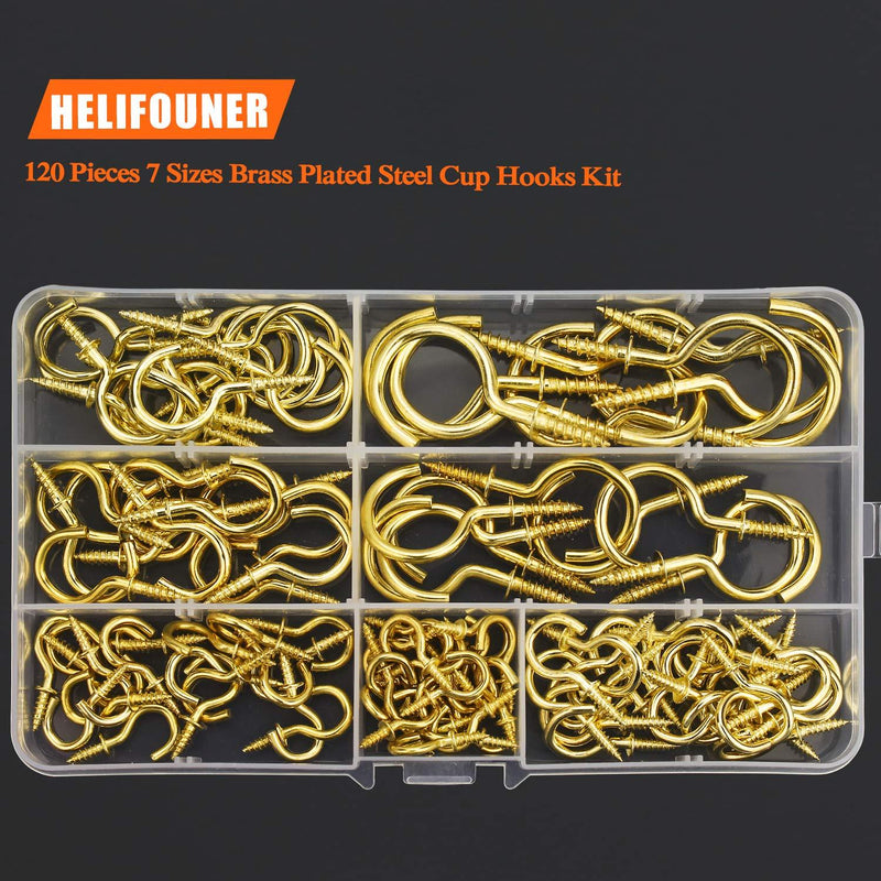 HELIFOUNER 120 Pieces 7 Sizes Brass Plated Steel Cup Hooks, Ceiling Hooks, Screw Hooks Kit