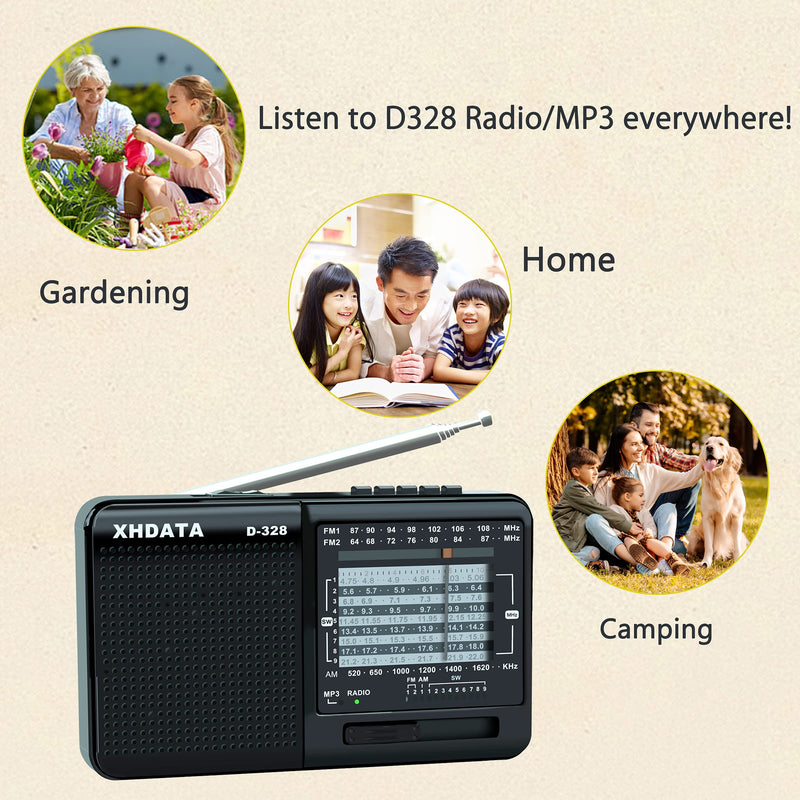 XHDATA D-328 Shortwave AM FM DSP Portable Small Multi Band Radio Stereo MP3 Player with Rechargeable Battery Earphone Jack Portable Multimedia Speaker with USB Micro SD Card Jack (Black) Black