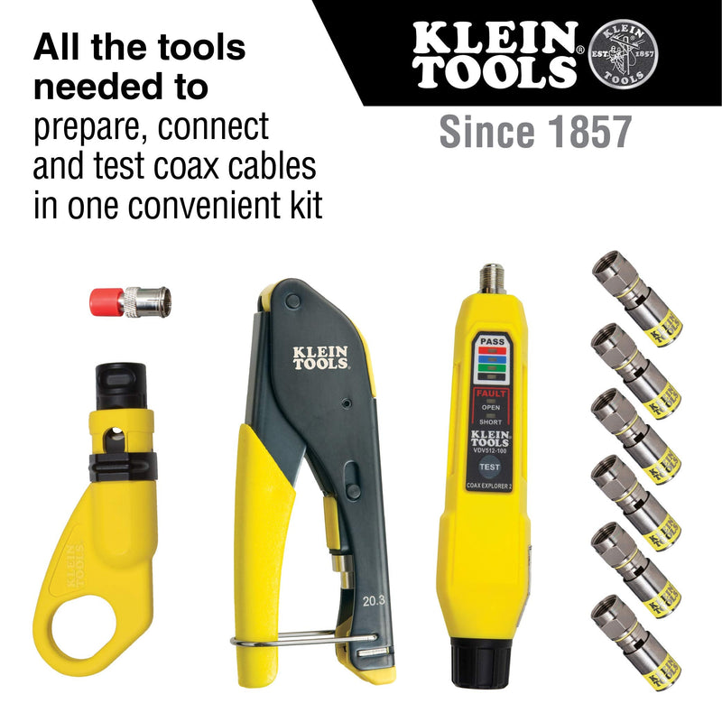 Klein Tools VDV002-818 Coax Cable Tester / Cable Installation Kit, Cable Stripper, Crimper, Coax Explorer 2, and 6 F Compression Connectors